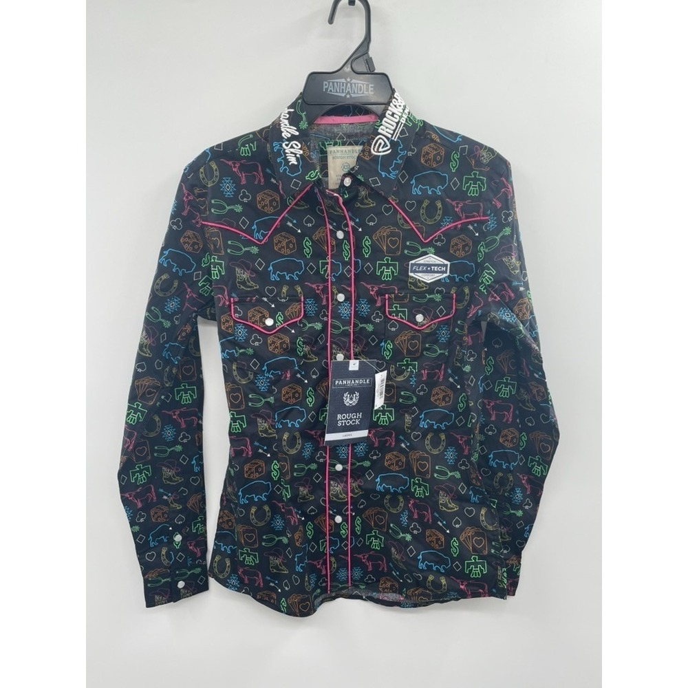 NWT Rough Stock Stretch Long Sleeve Neon Print Snap Shirt Men's XS Black Buttons